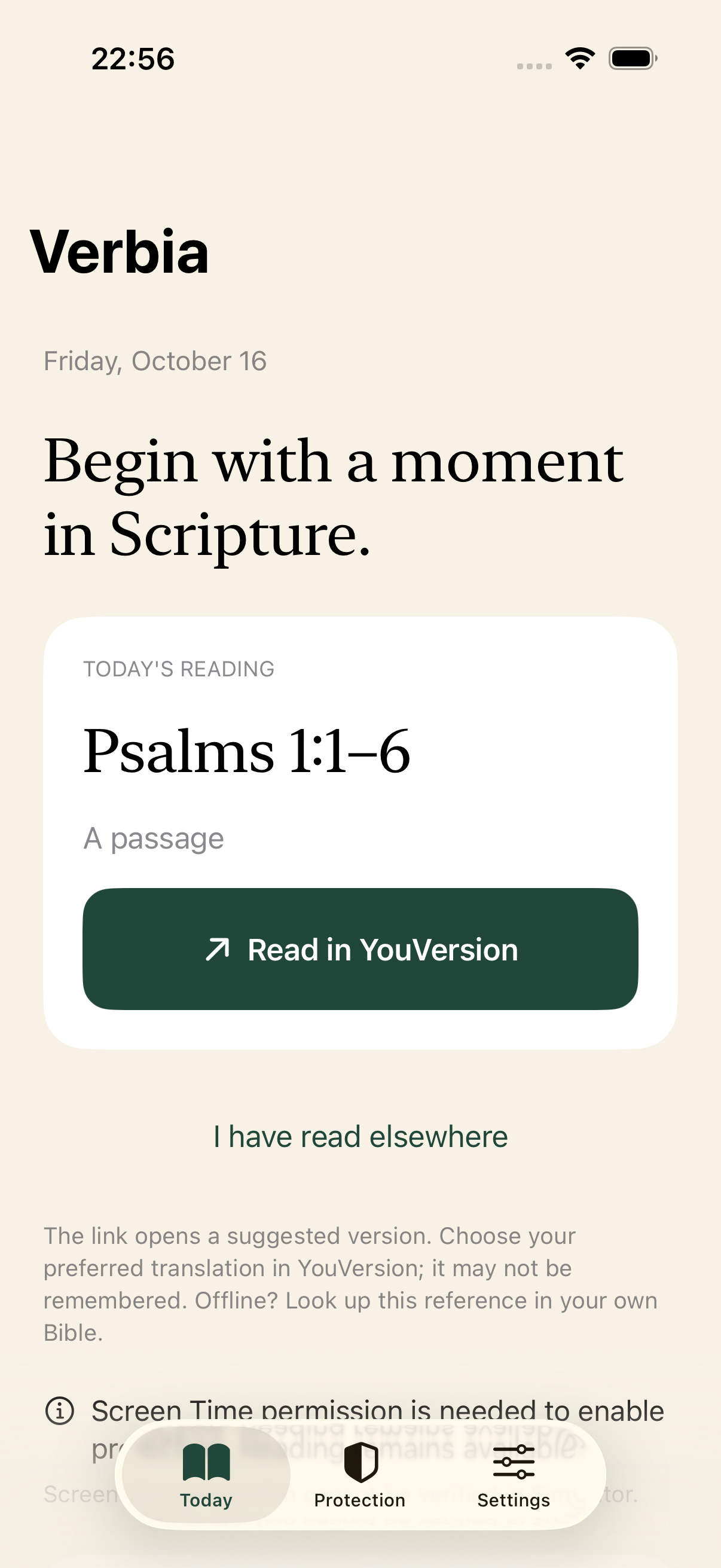 Verbia Today screen in English, showing a Bible reference and the YouVersion reading button.