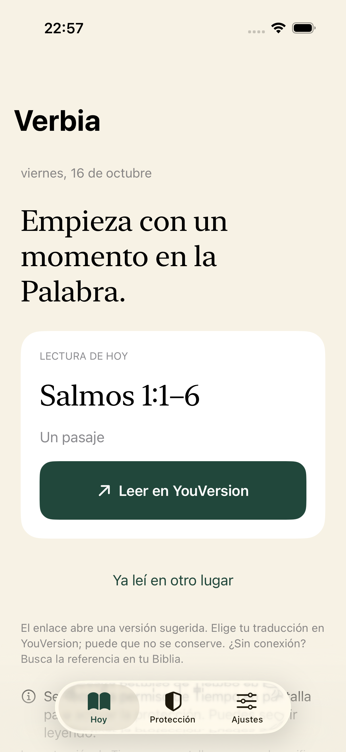 Pantalla Hoy de Verbia en español, con una referencia bíblica y el botón para leer en YouVersion.