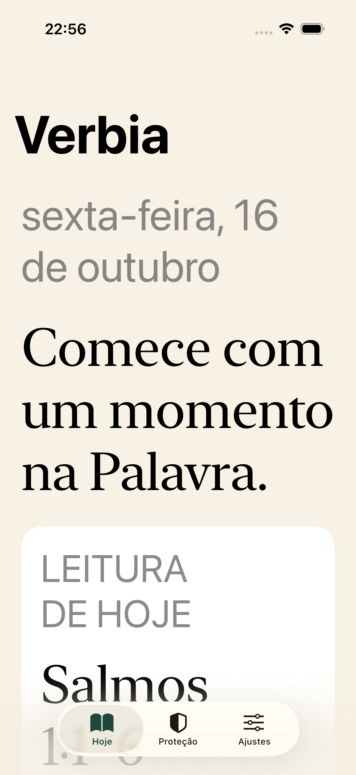 Tela Hoje do Verbia em português, com referência bíblica e botão de leitura no YouVersion.